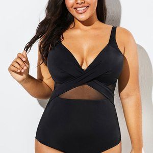 MEET CURVE BLACK ONE PIECE WOMEN LACE UP MESH SWIMSUIT 2XL BRAND NEW